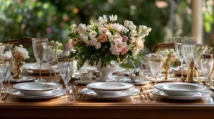 Fototapeta premium Elegant Table Setting With Delicate Floral Arrangement