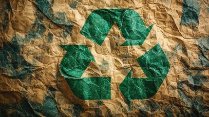 Green recycle symbol on crumpled paper.