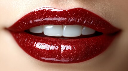 Close-up of vibrant, glossy red lips emphasizing beauty and confidence.