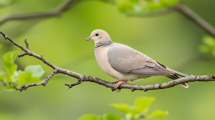 Obraz premium Peaceful Dove Perched on a Branch: A close-up of a delicate dove perched on a branch, its soft plumage blending with the verdant background. The image evokes a sense of tranquility and serenity.