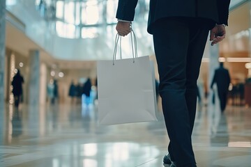 Fototapeta premium Close up shot of a business man carrying a white paper bag, side on shot, in a shopping mall Paper bag for mockup 