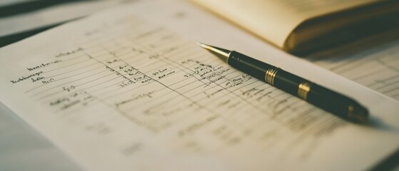 elegant pen resting on a vintage ledger with handwritten notes