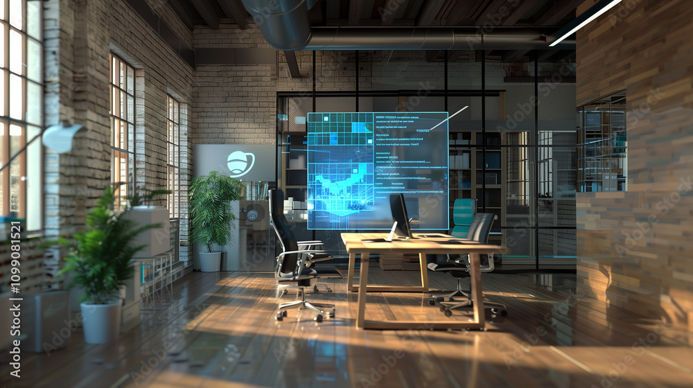Wall mural online data backup system virtual hologram display in modern office