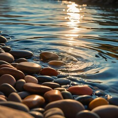 Obraz premium Close-up of river water rippling over smooth pebbles, reflecting sunlight.
