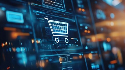 Fototapeta premium Digital shopping cart interface with vibrant technology background.