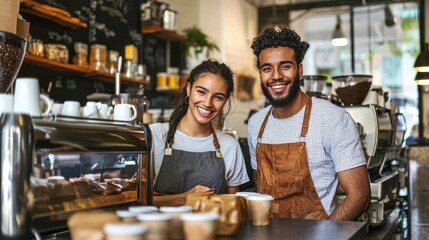 Fototapeta premium Two baristas smiling in a cozy coffee shop, surrounded by coffee equipment and pastries.