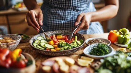 Naklejka premium Fresh ingredients being mixed in a bowl, showcasing a vibrant salad preparation process.
