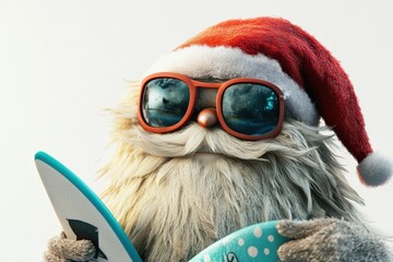 a playful character in a santa hat and sunglasses holding a surfboard, perfect for holiday and summer themes
