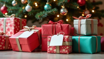 Obraz premium Presents with colorful wrapping and tags piled neatly under a decorated tree
