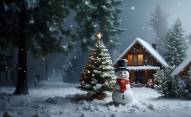 Obraz premium Christmas background. Christmas night theme with snowman. Christmas card with Christmas tree on night snowy background.
