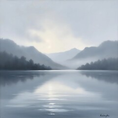 Fototapeta premium Fog drifting over a tranquil lake, with distant mountains barely visible.
