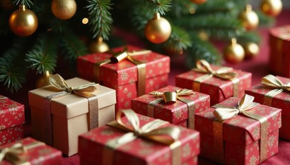 Decorated gift boxes with unique designs placed under a tree with golden ornaments"