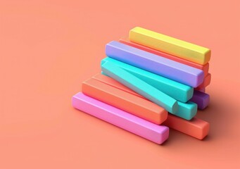 Fototapeta premium Colorful geometric shapes stacked on a soft coral background, showcasing a playful and vibrant design with pastel pink, yellow, blue, and purple colors Ideal for creativity concepts