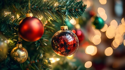 Festive Christmas Ornaments Adorn a Green Tree