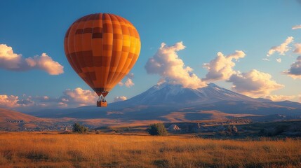 Obraz premium A vibrant hot air balloon floats over a scenic landscape with mountains and clouds.