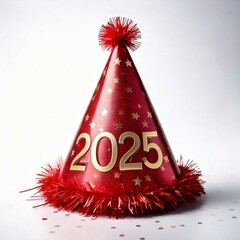 Red party hat with 2025 design and festive decorations