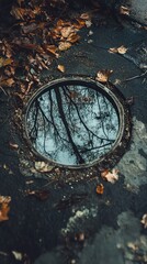 Fototapeta premium Autumn's Reflection: A Serene View of Trees in a City Puddle