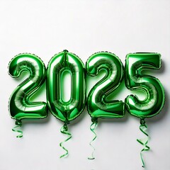 Green Metallic 2025 Balloons with Streamers on White Background