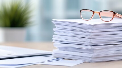 Creative workspace with a neatly organized stack of papers and stylish glasses inviting productivity in a modern office setting