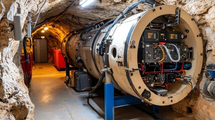 nuclear shelter concept. Submarine in a tunnel-like environment for deep-sea exploration.