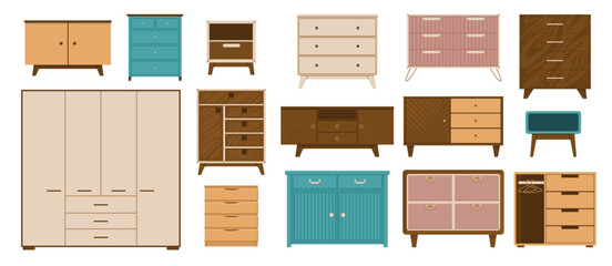 Set of chests of drawers and cabinets of different styles and designs. Furniture for home and office. Storage of clothes and textiles. Vector illustration isolated on transparent background.