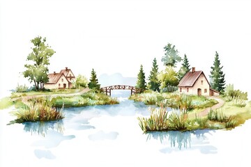 Obraz premium A serene watercolor landscape featuring two houses, a bridge, and lush greenery by a calm river.