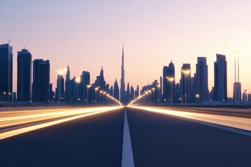 modern city skyline at sunset with light trails on the road