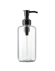 Obraz premium Empty clear plastic pump bottle with a black dispenser, ideal for soap, lotion, or showcasing refillable containers and hygiene products. (Transparent PNG)