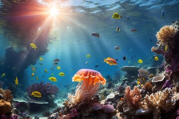 Obraz premium An underwater scene featuring colorful fish and a jellyfish amidst vibrant coral reefs.