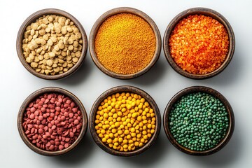 A collection of colorful grains and pulses in bowls, highlighting variety and texture.