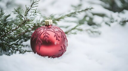 Red Christmas Ornament in Snowy Winter Scene