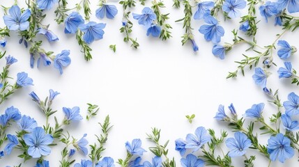 Fototapeta premium Flat lay of delicate light blue flowers and green sprigs arranged in a frame on white background, leaving a blank space in the center.