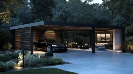 Obraz premium Modern carport night is made metal has sloping with Black