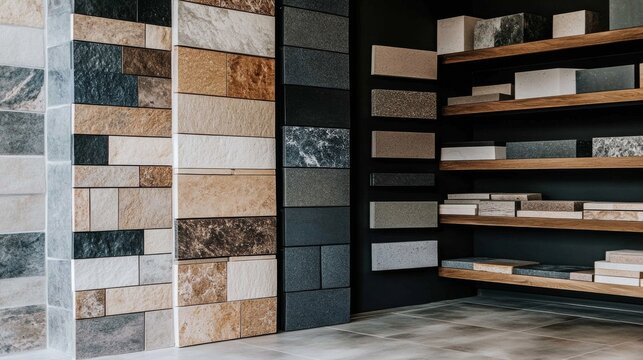 Wall made up different types tiles store are Display of various stone