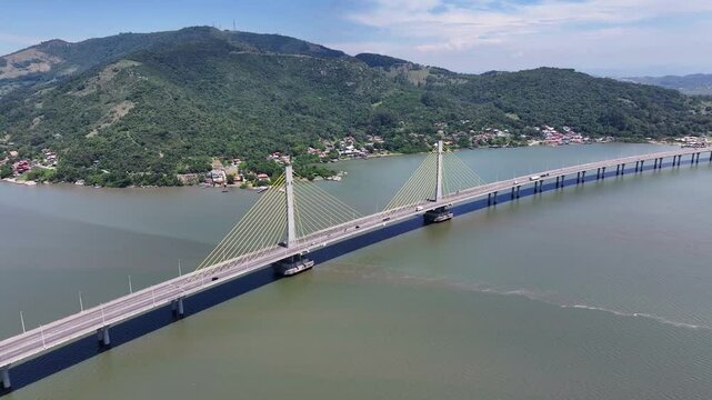 Anita Garibaldi Bridge At Laguna In Santa Catarina Brazil. Cable Bridge Landscape. Freeway Road. Seascape Background. Anita Garibaldi Bridge At Laguna In Santa Catarina Brazil. Winding Bridge.