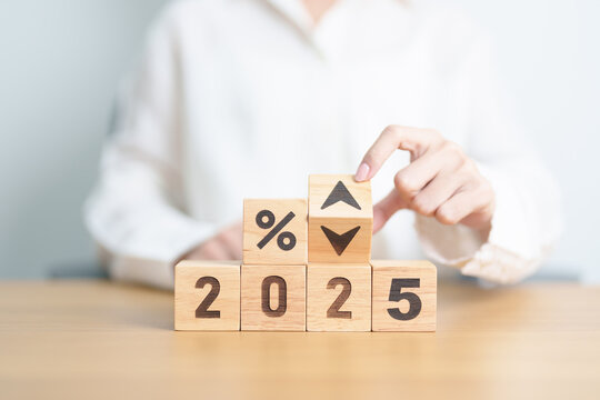 2024 to 2025 New year with percentage change to UP and Down arrow. Interest rate, GDP, stocks market, financial, deflation and Inflation, mortgage, debt, Loan and Economic Recession