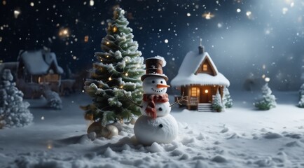 Obraz premium Christmas background. Christmas night theme with snowman. Christmas card with Christmas tree on night snowy background.