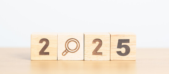 2025 block with magnifying glass icon. SEO, Search Engine Optimization, hiring , Advertising, Idea,...