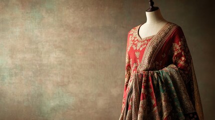 Elegant Indian Traditional Attire Showcased on Mannequin with Intricate Floral Patterns and Rich Colors, Perfect for Cultural Events, Festivals, and Fashion Photography