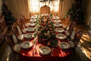 Christmas table setting with red cloth, white plates, green glasses, garlands, apples, and flowers, Russian house interior