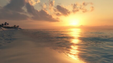 Obraz premium serene sunset over calm ocean waves with sandy beach