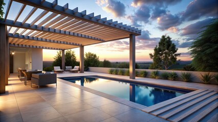 Fototapeta premium of an outdoor terrace with pool and pergola at dusk, terrace, outdoor, pool, pergola, dusk, evening, sunset, relaxing