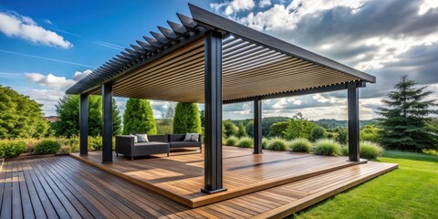 Obraz premium Black bioclimatic pergola providing shade on a stylish wooden deck, outdoor, architecture, design, structure, pergola, bioclimatic