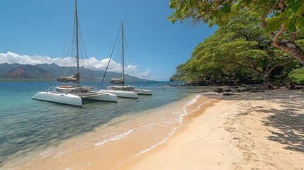 Obraz premium Tranquil beach scene with catamarans and lush greenery under a clear blue sky.