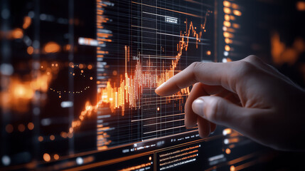 Hand interacting with digital financial graph, showcasing growth trends