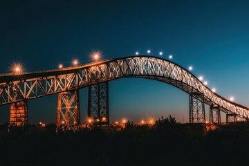 Fototapeta premium A illuminated bridge at dusk, showcasing architectural design and urban lighting.