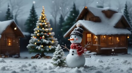 Obraz premium Winter background. Christmas card with Christmas tree on night snowy background. Christmas greeting card.
