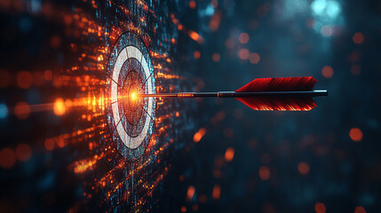 digital dart arrow striking a target on a dark cyberspace background, symbolizing precision, focus, and the power of digital strategy in the virtual realm of technology and innovation