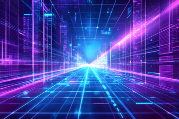 Futuristic Digital Grid Background with Neon Blue and Purple Lines