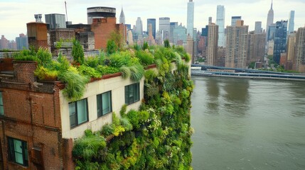 Fototapeta premium A green rooftop garden on a building overlooking a city skyline and river.
